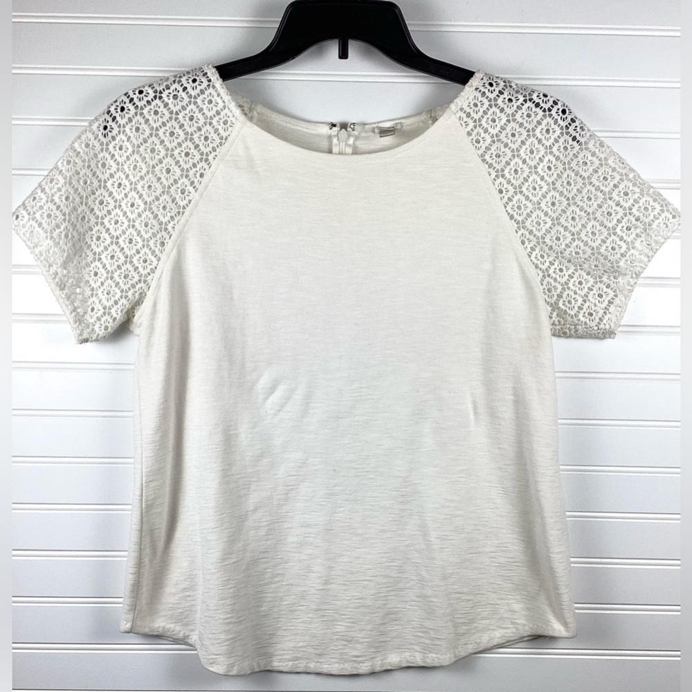 J.Crew White Crochet Top | Short Sleeve Quarter Zip Textured Lace Detail Sz M